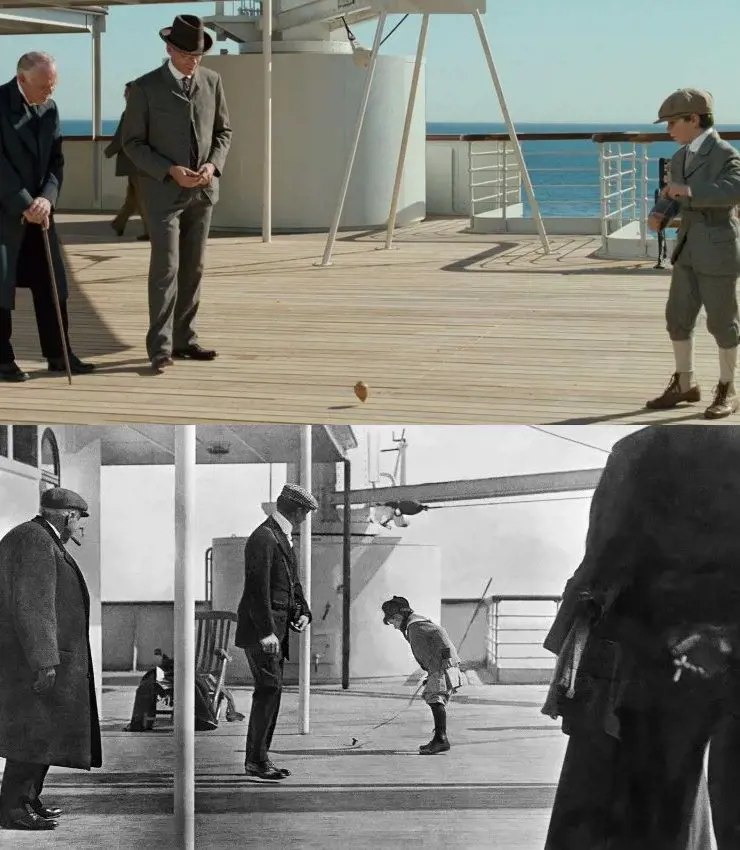 In 1997 film Titanic the scene where a boy plays with a spinning top on deck is a recreation of a real photo taken onboard the ship on April 11, 1912