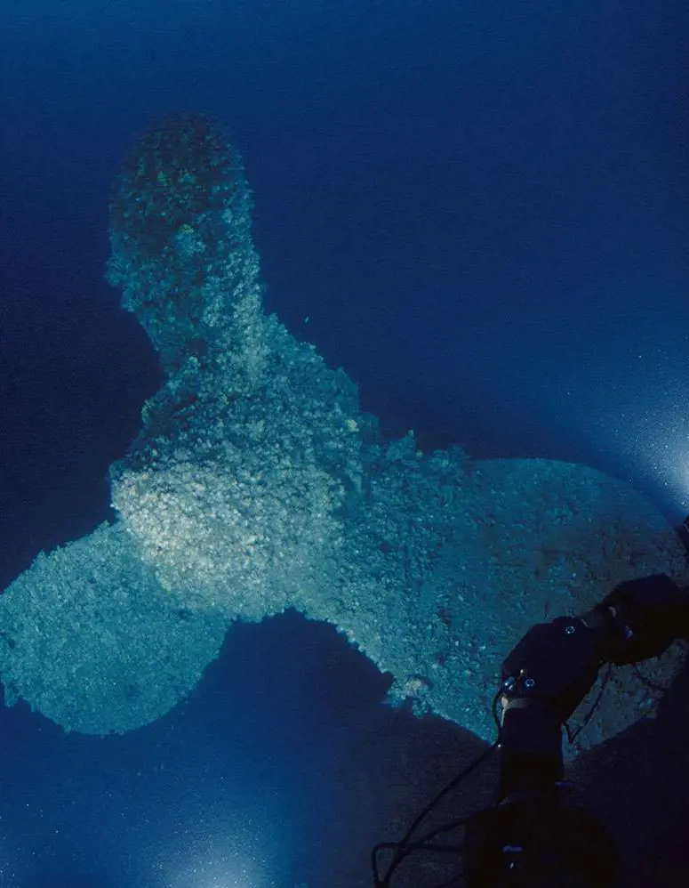 The Titanic's propeller, a mechanical device for propelling a boat or aircraft