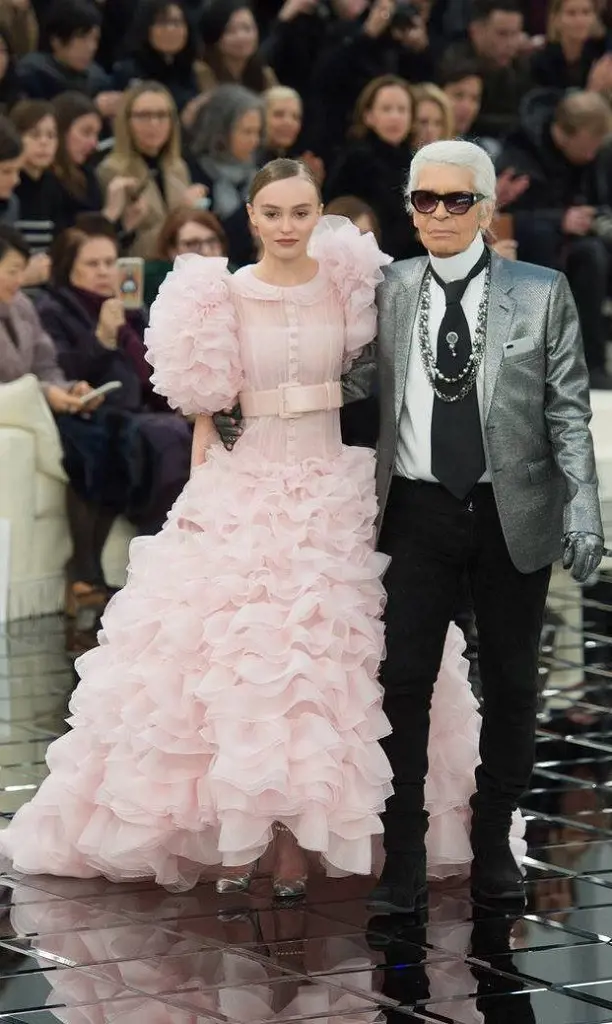Fashion designer Karl Lagerfeld with model Lily Rose Depp during the Chanel 2017 Haute Couture Launch