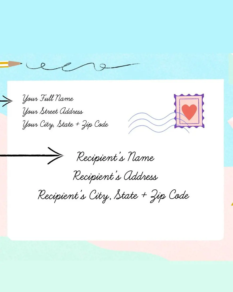 An envelope addressing requires three key components: the sender's address, the recipient's address, and a postage stamp