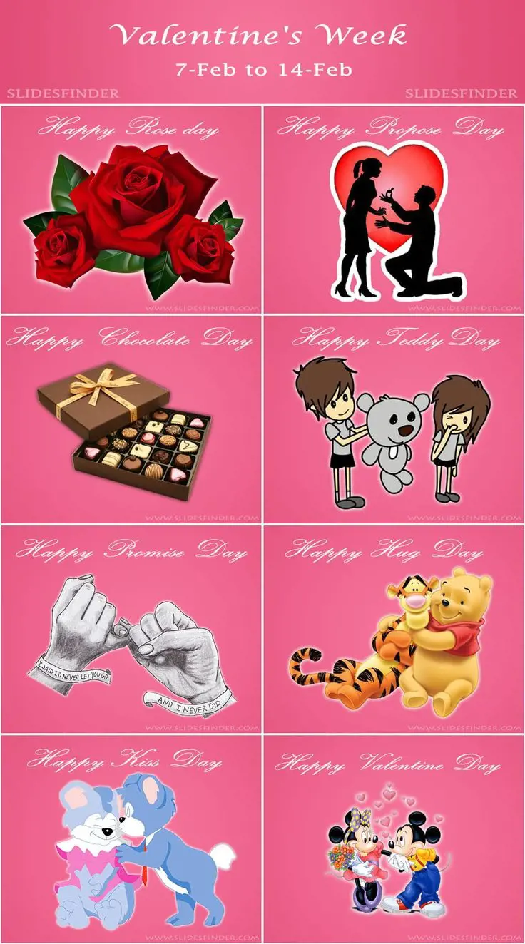 The Valentine's week is a 7 day program were different events are celebrated such as rose day, kiss day, and so on.